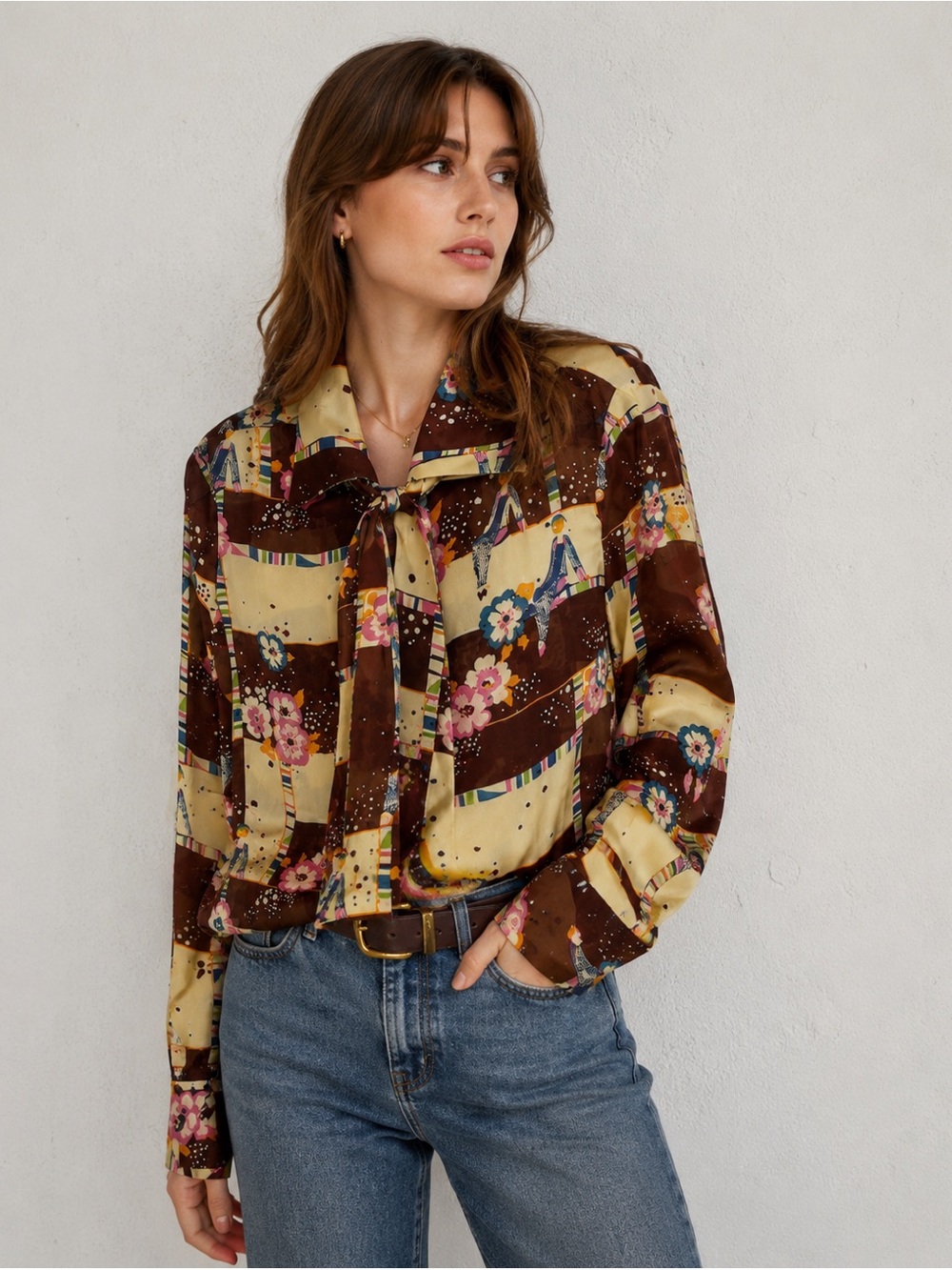 Vintage 70s Novelty Print Bow Tie Blouse | Sheer Retro Floral Secretary Top